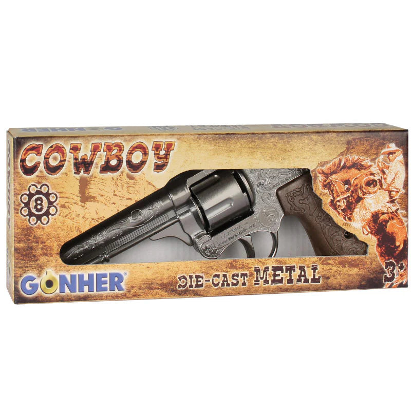 Gonher Cowboy Revolver – 8 Shot Ring Cap Toy Gun Silver Made in Spain