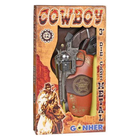 Gonher Cowboy Revolver Playset – 12 Shot Silver Cap Gun with Holster & Belt Made in Spain