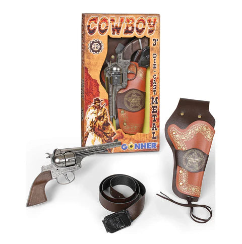 Gonher Cowboy Revolver Playset – 12 Shot Silver Cap Gun with Holster & Belt Made in Spain
