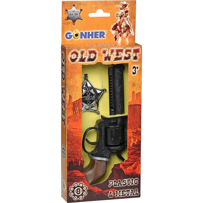 Gonher Cowboy Set with Badge & Revolver – 8 Shot Toy Cap Gun Western Play Set