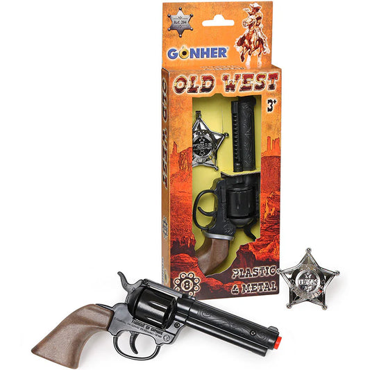 Gonher Cowboy Set with Badge & Revolver – 8 Shot Toy Cap Gun Western Play Set