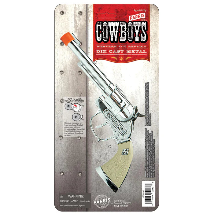 Cowboy White Handle Toy Cap Gun – Die-Cast Western Revolver for Paper Roll Caps