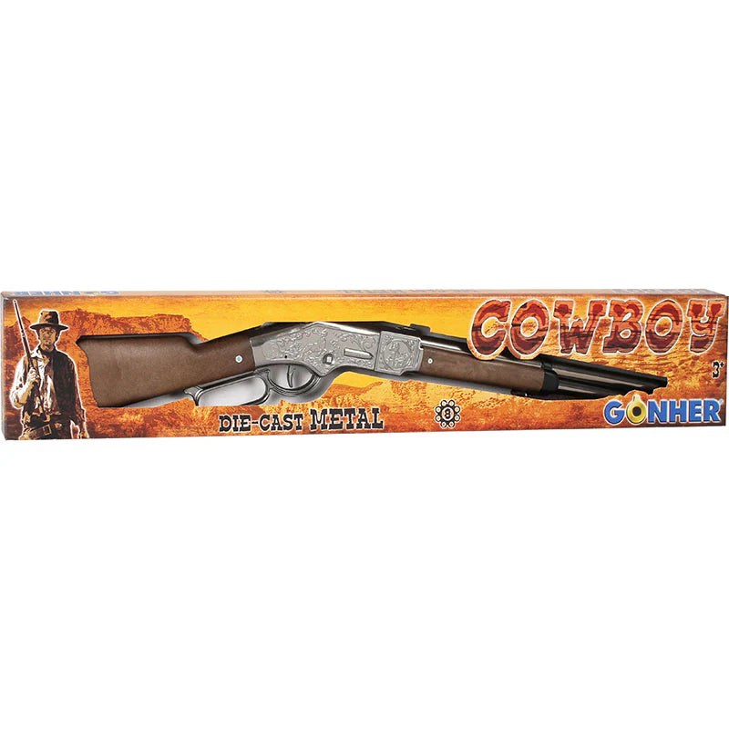 Gonher Winchester Style Lever Action Rifle – 8 Shot Ring Cap Toy Rifle Silver Made in Spain