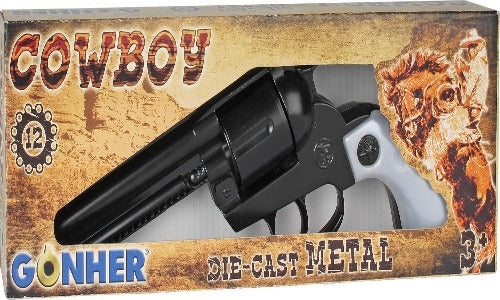 Gonher Black Cowboy Revolver with White Pearl Grips – 12 Shot Toy Cap Gun Made in Spain